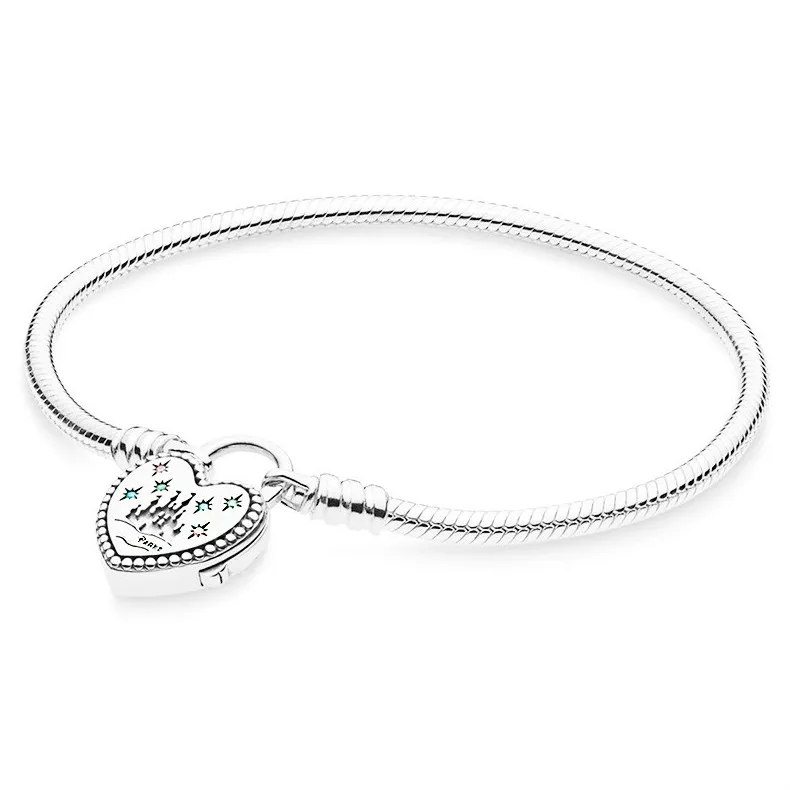 

Original 925 Sterling Silver Bracelet World Park Castlel Love Heart Clasp Snake Bangle Fit Women Bead Charm Fashion Jewelry