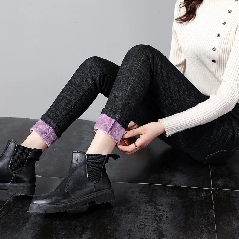 Purple black full Женские джинсы больших размеров, зимние узкие брюки с высокой талией, теплые женские вельветовые Теплые джинсы, обтягивающие джинсы - Цвет: Purple black full
