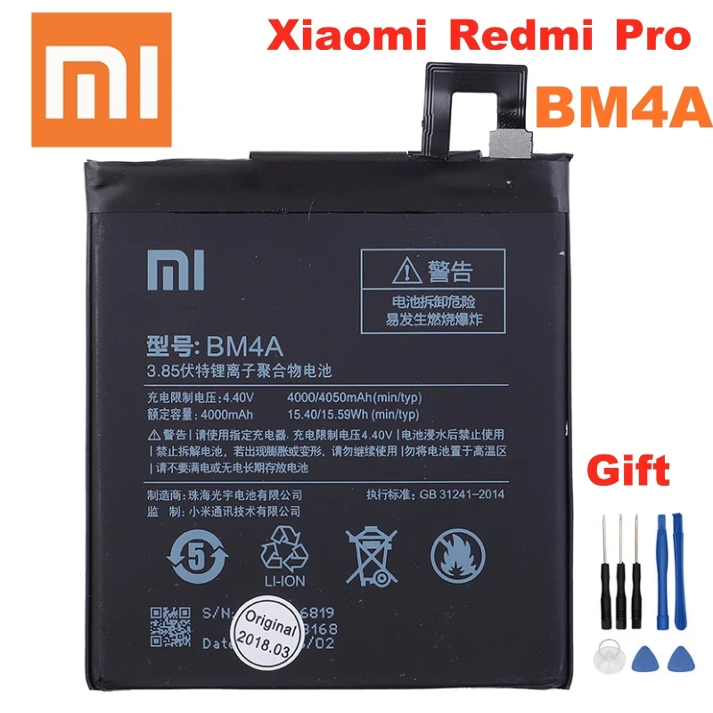 100% Оригинальный аккумулятор Xiaomi BM4A 4000 мАч для Redmi Pro мобильного телефона |