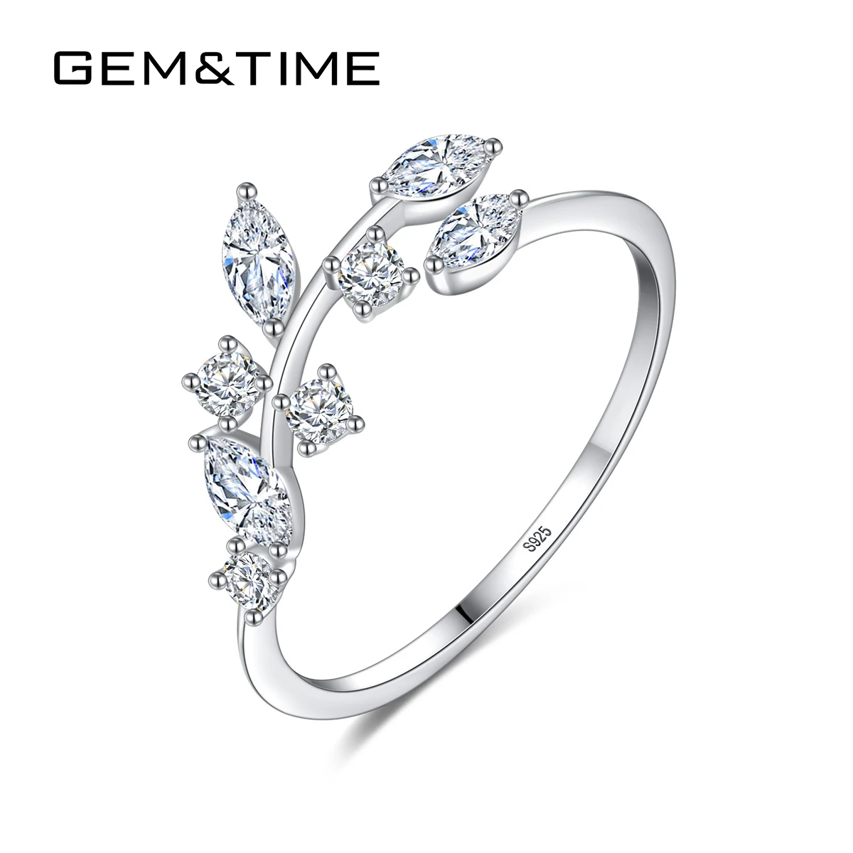 Gem&Time корейское 925 пробы Серебряное растительное оливковое кольцо для женщин Штабелируемый Циркон регулируемое кольцо на палец серебро 925 ювелирное изделие