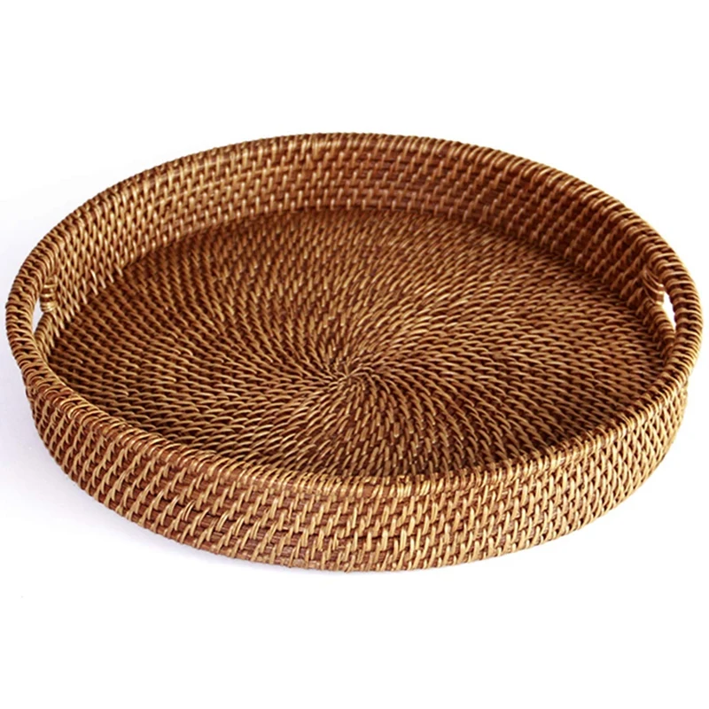 

Rattan Tray With Handle - Hand-Woven Multi-Purpose Wicker Tray With Durable Rattan Fiber (Round 13.5 Inch Diameter, Natural)