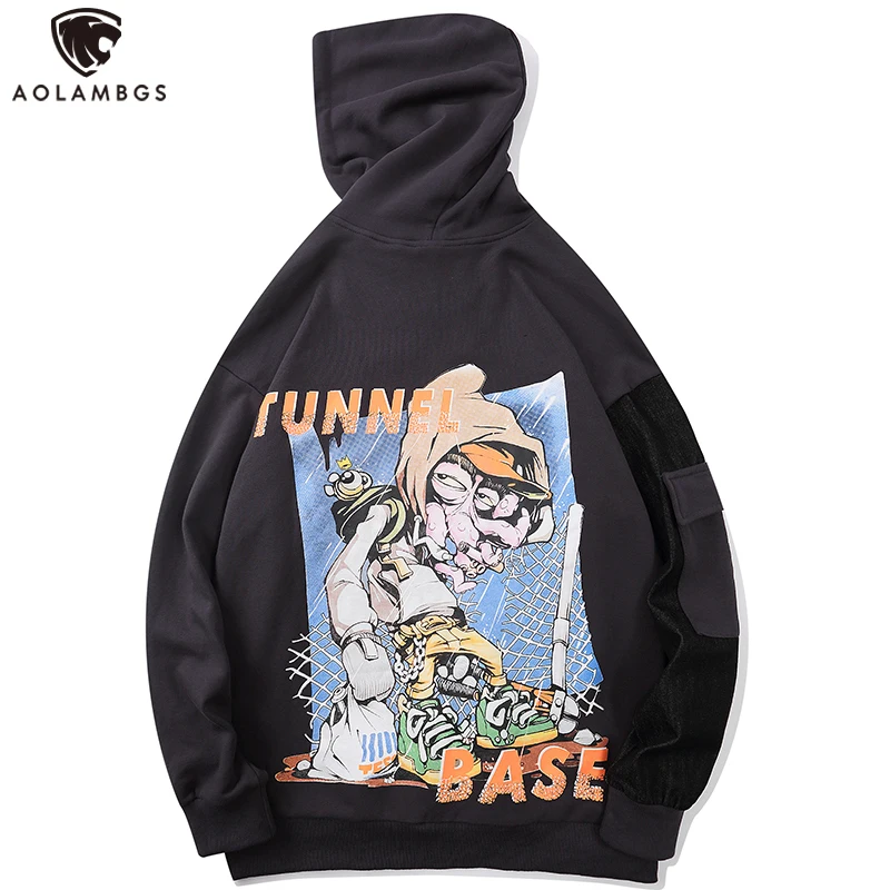 

Aolamegs Autumn Hip Hop Hoodies Men Couple Patchwork Sweatshirt Cartoon Funny Print Baggy Hooded Pullover High Street Sportswear