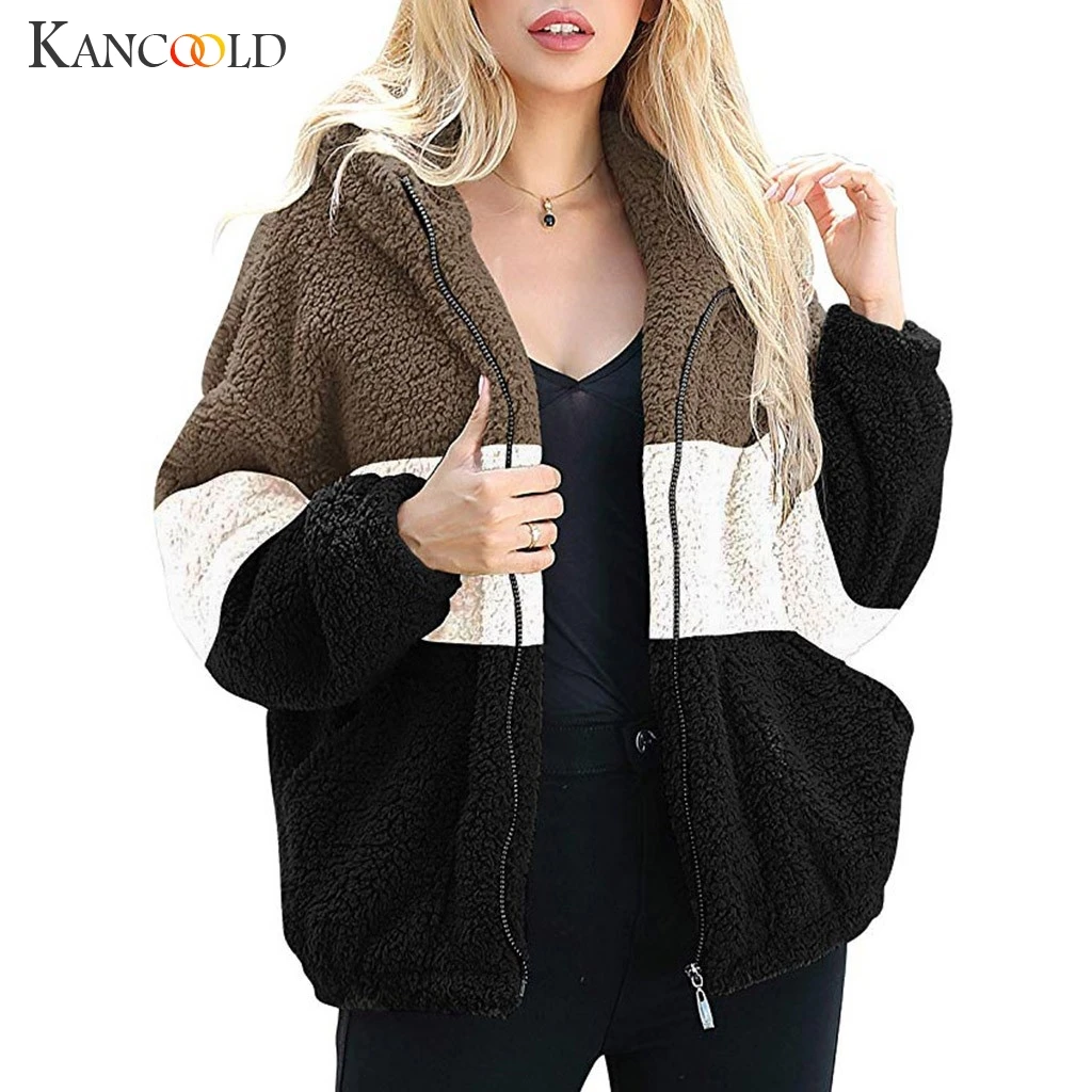 KANCOOLD пальто, женская цветная флисовая куртка на молнии с длинным рукавом и капюшоном, зимняя модная верхняя одежда, Новое Женское пальто 2019DEC9