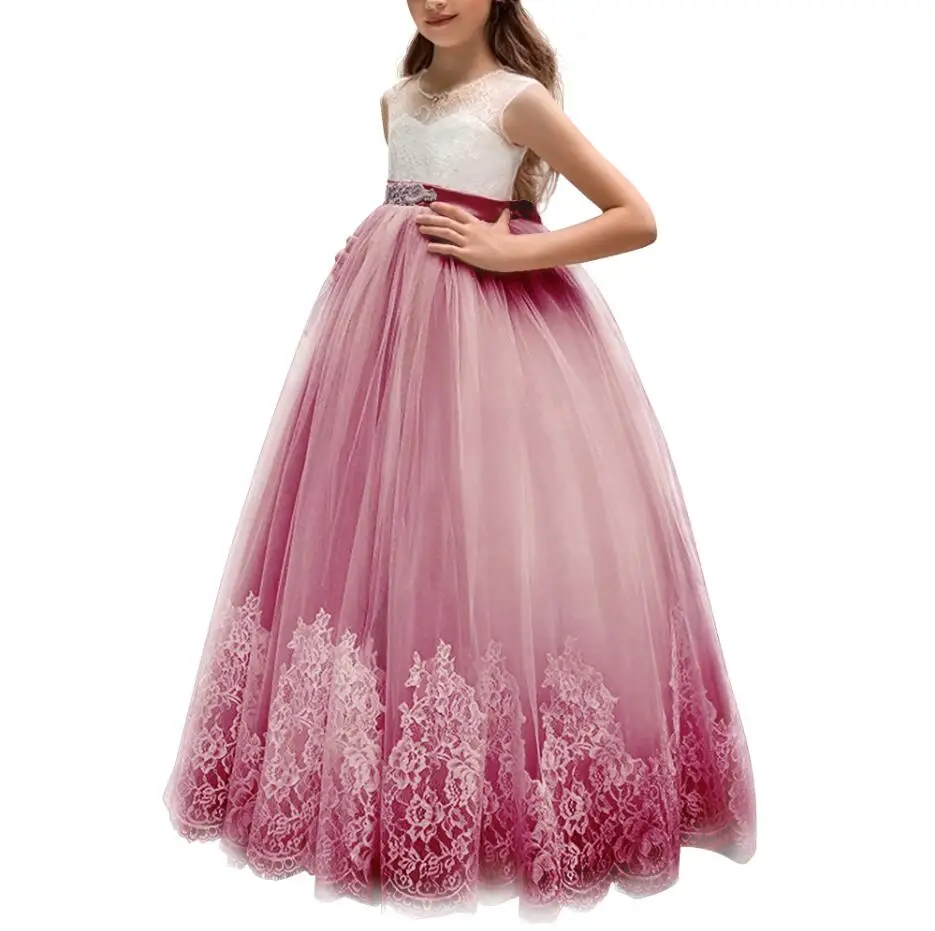 Элегантное платье для девочек; Пышное Бальное платье из тюля для маленьких детей; винтажное платье принцессы для свадебной вечеринки; кружевные Детские платья - Цвет: wine red B