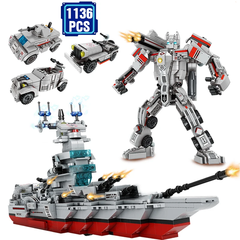 

1136pcs Technic 26 ChangesTransformation Robot Building Block Military Mech Battleship War Warrior Creator Bricks for Children