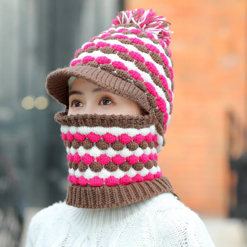 rose hat Модная зимняя шапка, шарф, комплект для женщин, теплая шапка бини для девочек, кольцо, шарф, помпоны, зимние шапки, вязаные шапки, шарф, комплект - Цвет: rose hat