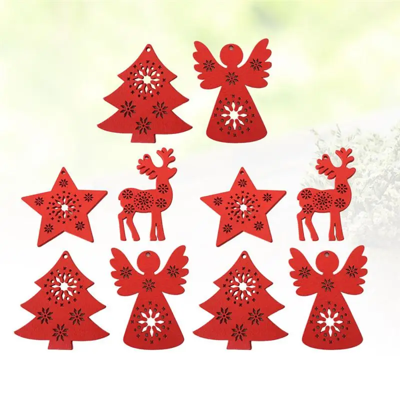 20Pcs Christmas Tree Pendant Wooden Hanging Decoration Home Ornaments Layout Decorative Props Random Style Red