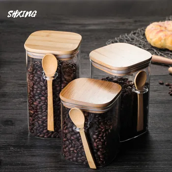 

Square Glass Sealed Storage Tank with Wooden Spoon Seasoning Box Coffee Bean Storage Tank Kitchen Supplies Box