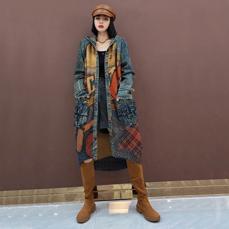 

Women Cowboy Overcoat 2020 Autumn Winter Contrast Water Wash Distressed Coat Long Loose Patchwork Sweater Trench Coat Splicing