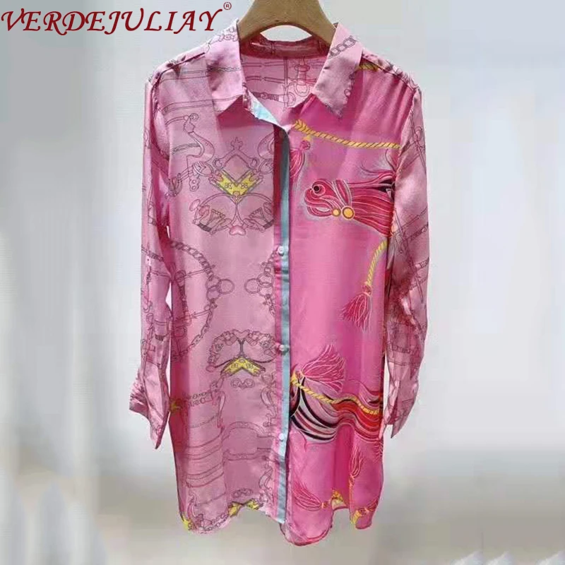 

VERDEJULIAY European High Street Style Long Shirt Women 2020 Spring Top Quality 100% Pure Silk Romantic Print Pink Blouse