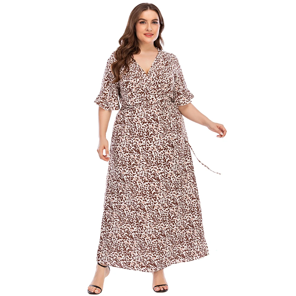 

Plus Size Summer Dresses For Women 2020 Fashion V Neck Short Sleeve Leopard Print Casual Dress Maxi Long Wrap Dresses