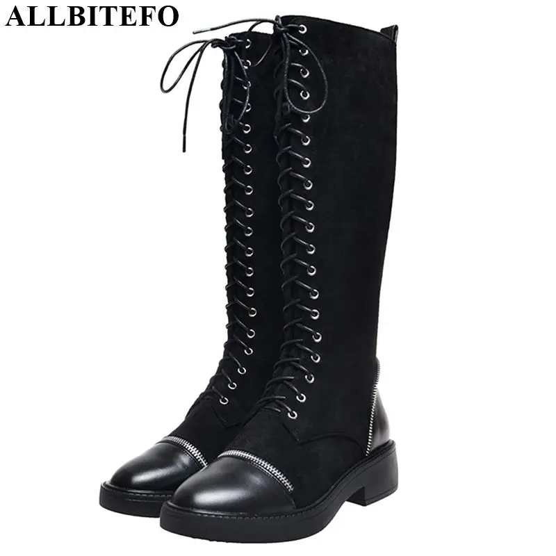

ALLBITEFO High quality genuine leather+flock Frenulum women boots Autumn Winter Pure color concise women knee high boots