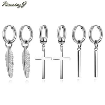 

PiercingJ 3 Pairs Stainless Steel Hoop Earrings Vertical Bar Cross Feather Dangle Huggie Hinged Earrings Hoop with Dangling
