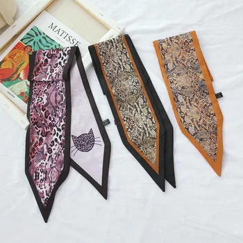

2020 New Women Point Scarf Skinny Silk Leopard Print Bandana Small Handle Bag Ribbons Female Neckerchief Head Scarves & Wraps