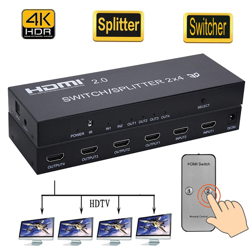 Мультимедийный HDMI 2x4(2 в 4 Выход)+ аудио экстрактор HDMI переключатель@ сплиттер 4K 3D 1080P конвертер адаптер с ИК-пультом дистанционного управления