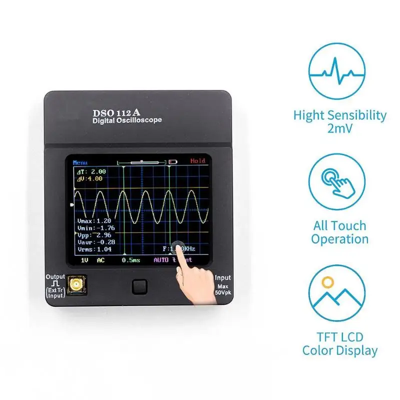 

DSO112A 2MHz 5Msps TFT LCD Digital Oscilloscope Color Touch Screen Handheld Portable USB Oscilloscope Interface with Test Clip