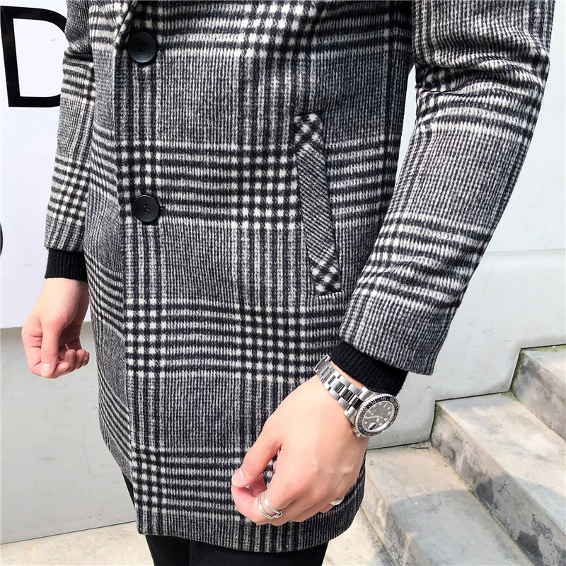 Мужское шерстяное пальто средней длины пальто куртки Slim Fit Male2019 осень зима шерсятнное пальто серый черный плед ветровка пальто