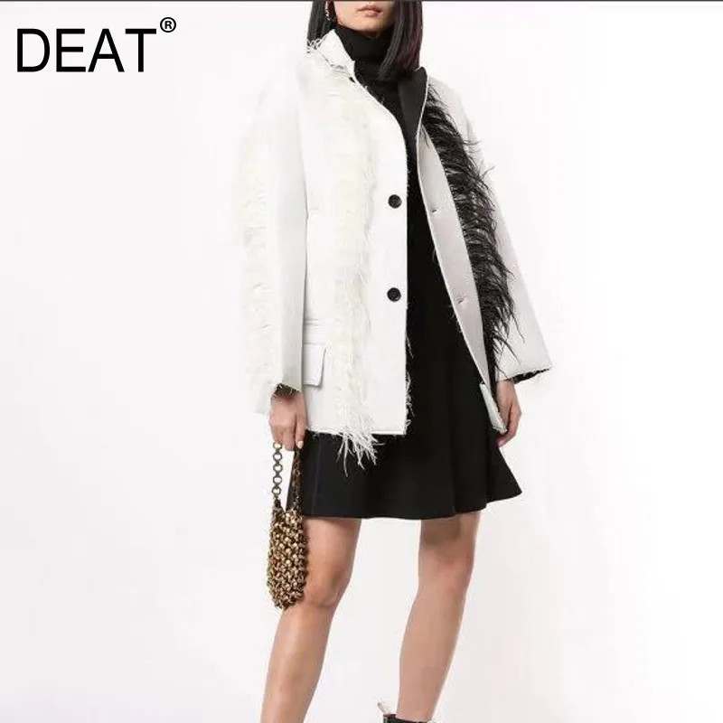 

DEAT 2020 new winter fashion feather aptchwork single breasted white wool coat female runway stules fur jacket WK25500L