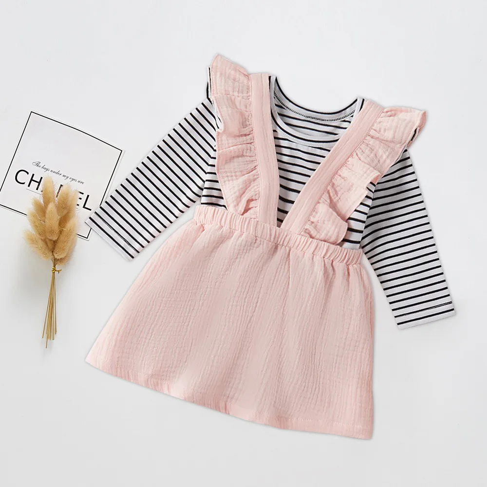

Toddler Girls Long Sleeve Striped Tulle Dress PINK SUSPENDER SKIRT Outfits Christmas Kids Dresses For Girls