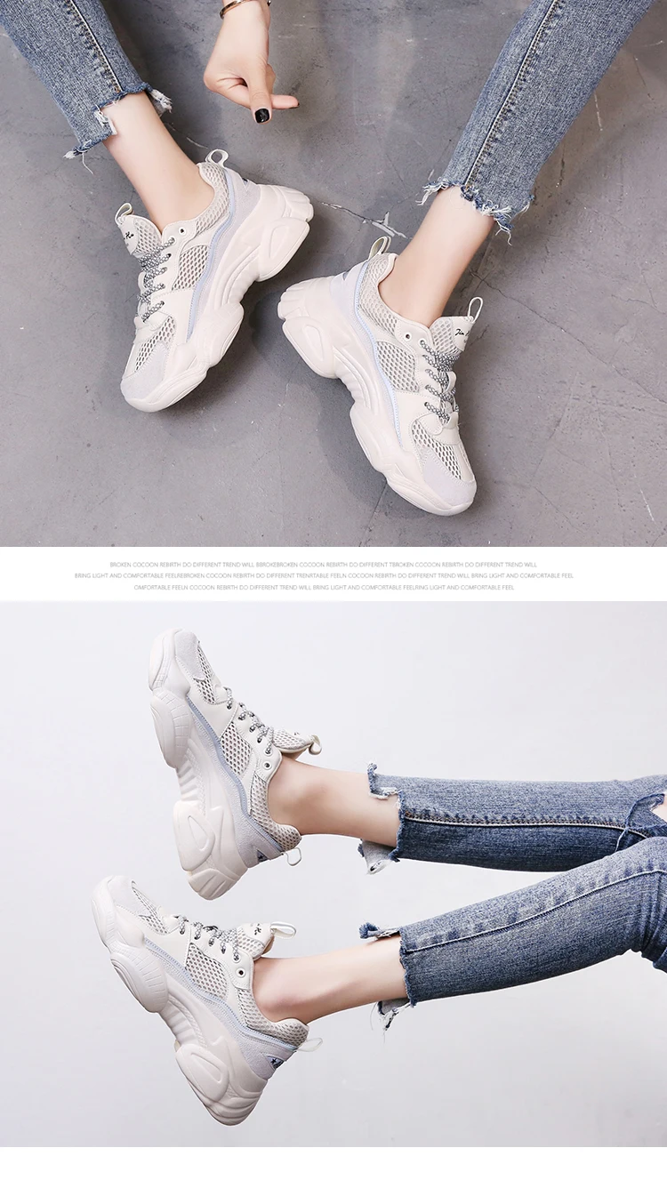 Mujer Spring New Breathable Women's Platform Chunky Sneakers Tenis Plataforma Hollow Lace-Up Flat Thick Sole Shoes