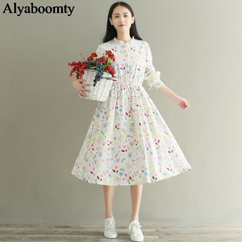 Japanese Mori Girl Autumn Women Midi Dress Ruffled Collar White Floral Printed Vestidos Longo Elegant Cute Kawaii Corduory Dress