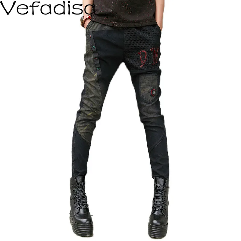 

Vefadisa Spring Mesh Patchwork Women Jeans 2020 Elastic Waist Black Pencil Pants Pockets Denim Full Length Pants QYF1845