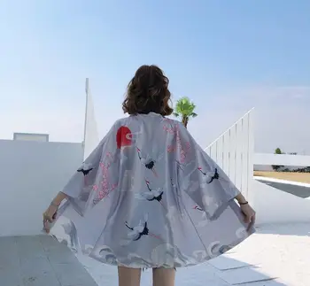 

Women's Summer Vintage Crane Print Loose Sunscreen Long Sleeve Cardigan shirt