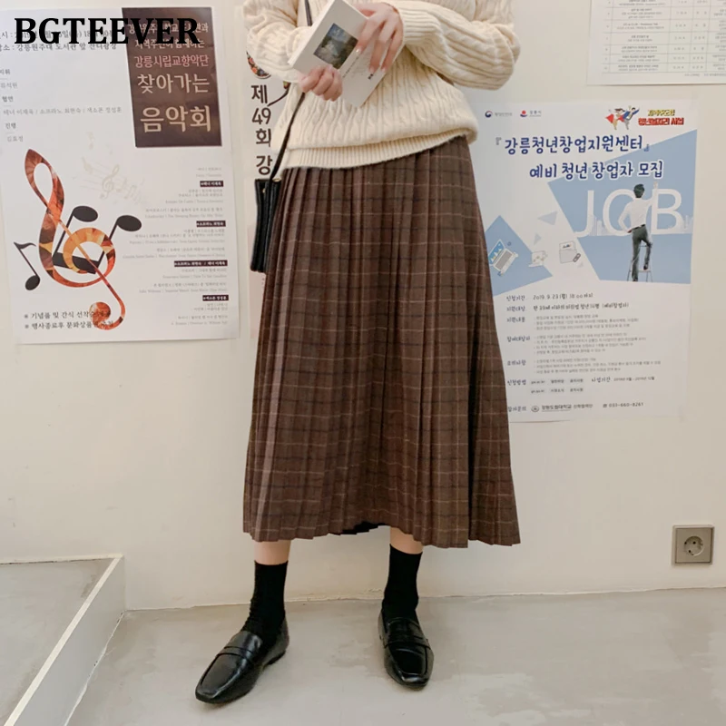 BGTEEVER, винтажные, плотные, в клетку, трапециевидные, женские юбки, элегантные, свободные, высокая талия, плиссированные, в клетку, юбки для женщин, весна - Цвет: brown