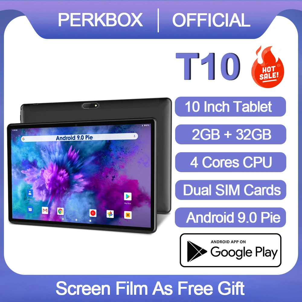 Планшет Perkbox T10 Google Android 9 0 Pie 10 дюймов 32 Гб ПЗУ Wi-Fi Bluetooth 3G телефонные звонки GPS |
