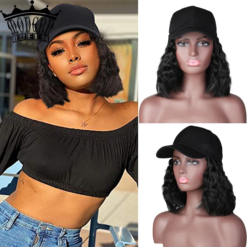 Wig-Cap Hair Baseball-Cap Short Curl Heat-Resistant-Fiber Synthetic Modern-Queen Hair-Wig-10inch