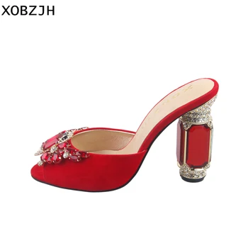 

High Heels Women Shoes 2019 Mature Ladies Luxury Leather Sandals Summer Ladies Wedding Party Red Open Toe Sandals Plus Size Us11