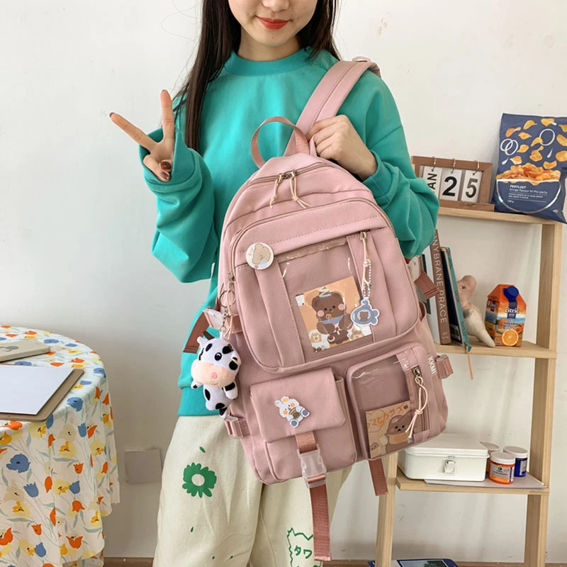 Mochila de Color sólido para chica adolescente, bolso de estudiante para mujer, Bolsa Escolar informal con múltiples bolsillos, mochila de viaje con insignia Kawaii|Mochilas| - AliExpress
