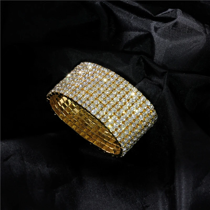 Bangle Bracelet TREAZY 1-10 Rows Rhinestones Bridal Wedding Bangles Gold/Silver Color Crystal Stretch Bracelet Women Wristband Elastic Jewelry