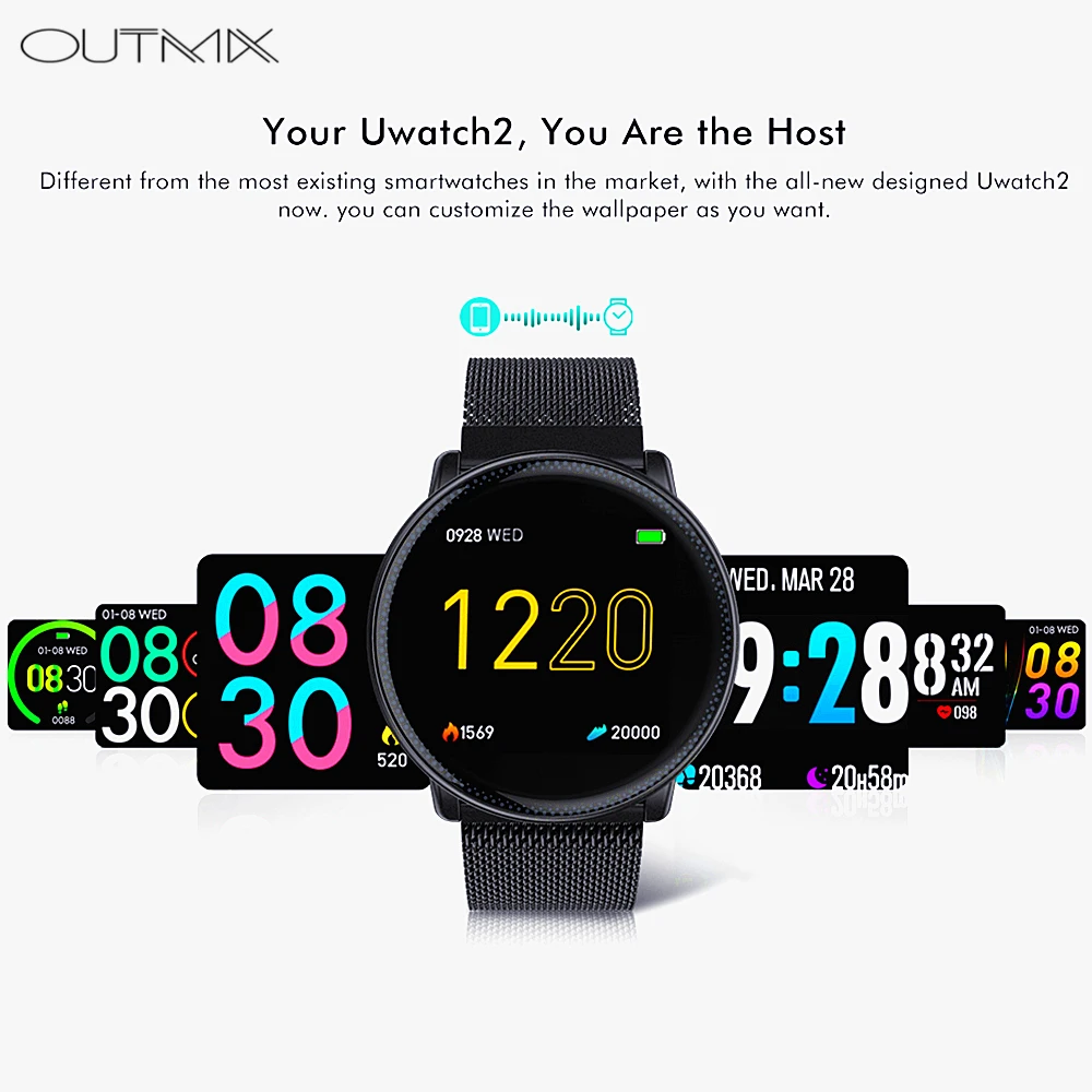 Умные часы OUTMIX Uwatch2 для Android IOS 1,33 'полный сенсорный экран IP67 25 дней в режиме ожидания 7 спортивных режимов полный металлический корпус