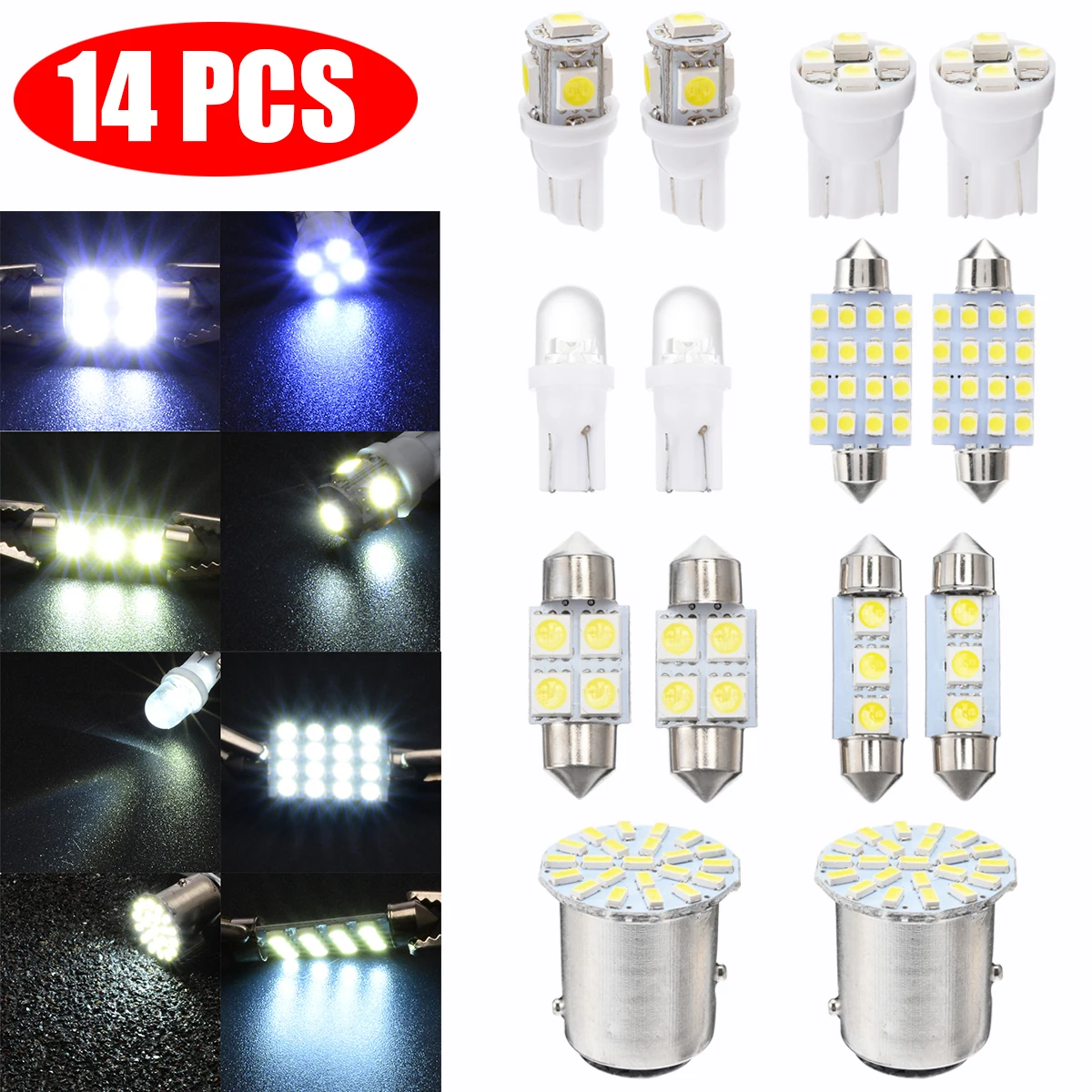 14PCS White LED Car Interior Light Kit Set 1157 T10 31 36mm Auto  Dome Map License Plate Lights Lamp