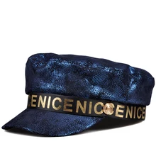 Зимняя Европейская/американская Ретро Женская шляпа из натуральной кожи с буквенным принтом, синяя шапка, женские темно-синие кепки, студенческий топ на плоской подошве в стиле хип-хоп, Chapeu