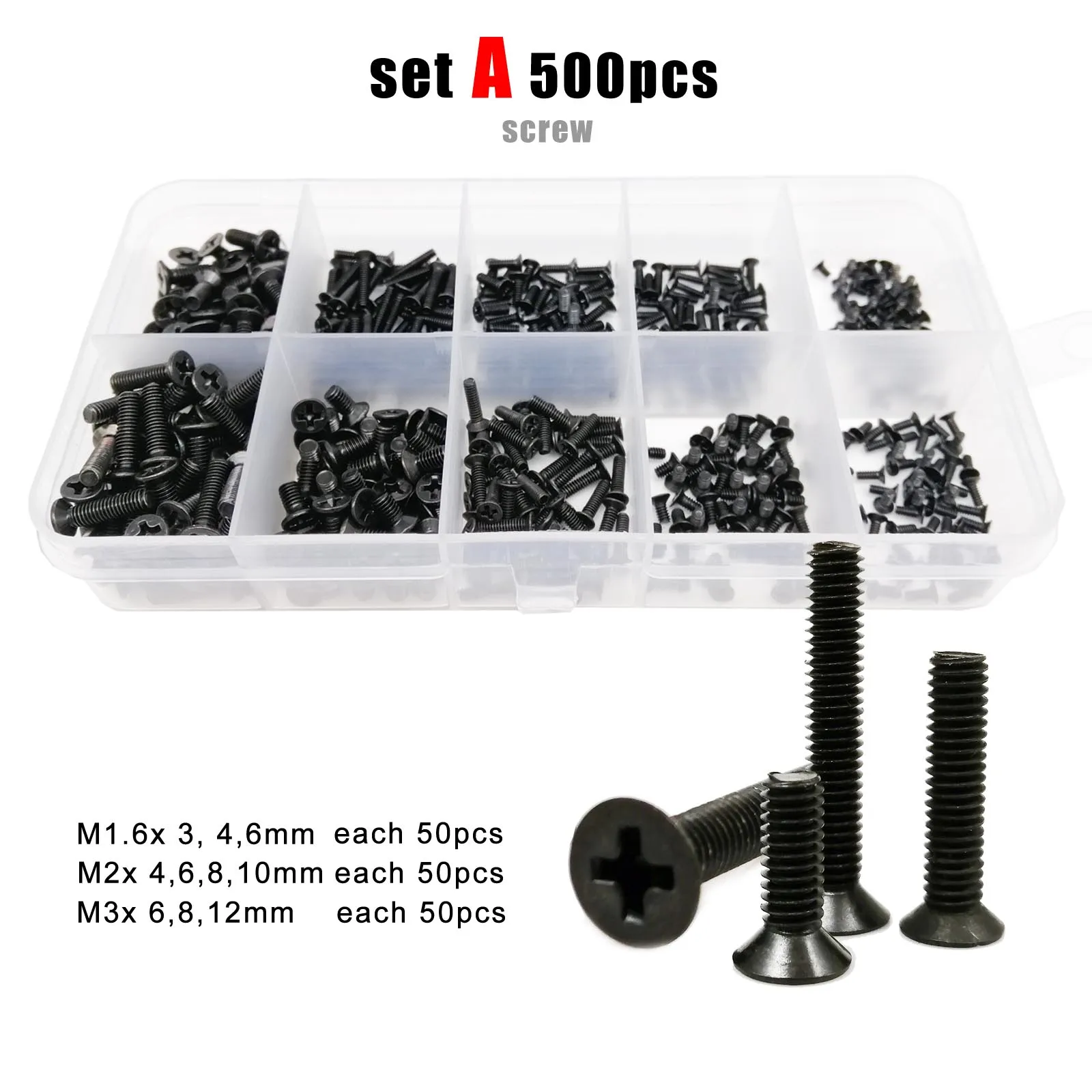 500/750/1500pcs M1.4 M1.6 M2 M2.5 M3 블랙 미니 마이크로 필립스 크로스 플랫 카운터 싱크 헤드 나사 볼트 너트 세트 구색 키트 상자