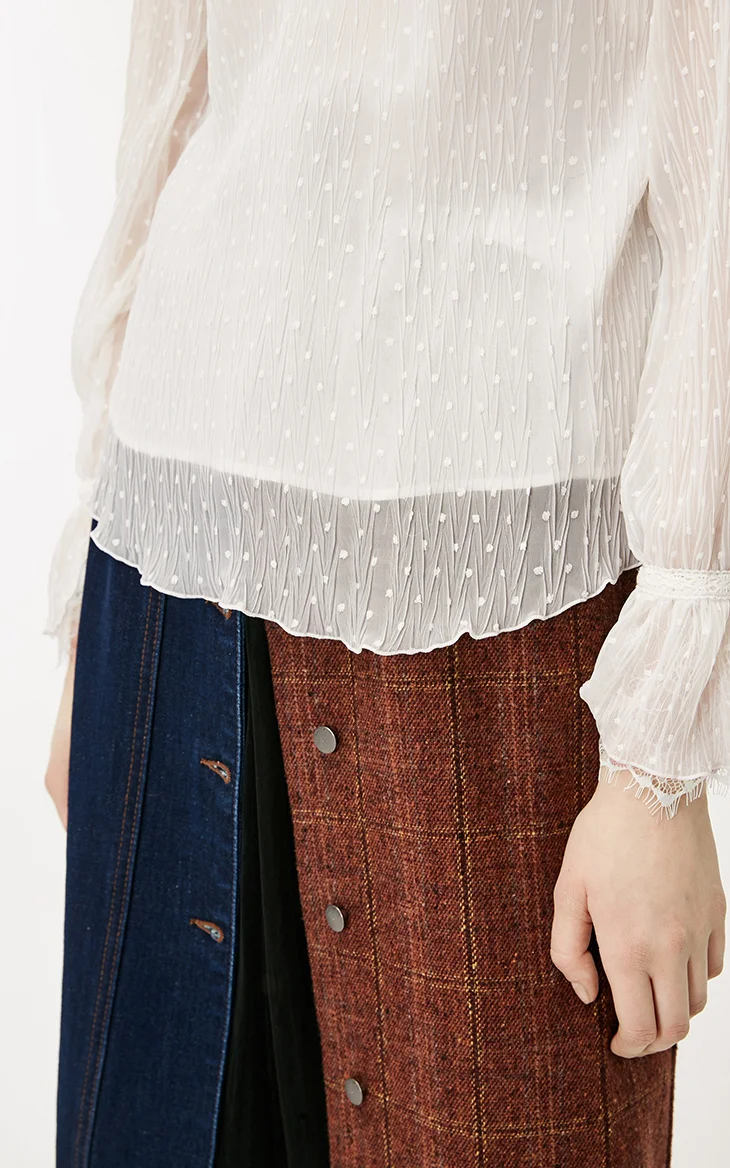 ONLY Autumn Winter Womens Loose Fit White Dot Laced Chiffon Shirt | 119207583