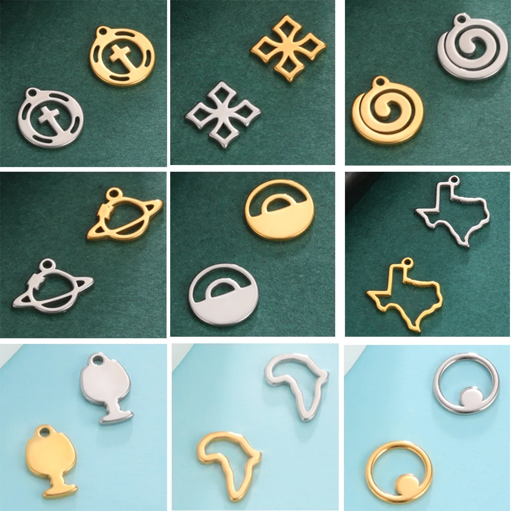 5 Stück/Set Kleine DIY-Anhänger für Schmuckherstellung aus Edelstahl, Niedliche Kreuz-, Planeten-, Karten- und Runde Anhänger für Ohrringe, Halsketten und Armbänder