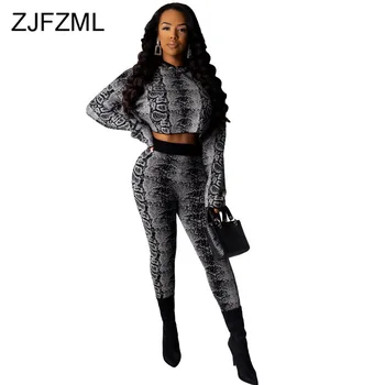 

Snake Skin Print 2 Piece Set Women's Tracksuit Full Sleeve Hooded Short Top+Fitness Leggings Sweatsuits Casual Suit Club Outfits