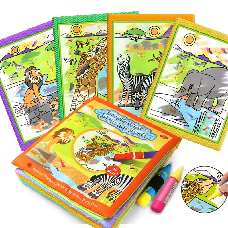 4 Styles Cartoon Animal Water Drawing Cloth Book & 2 Magic Pens Painting Doodle Board Early Educational Toys Doodle Book for Kid 8