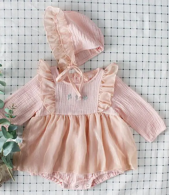 Pink Осень, хлопковые боди с длинными рукавами и цветочной вышивкой для маленьких девочек, повседневные комбинезоны для малышей, детская одежда - Цвет: Pink