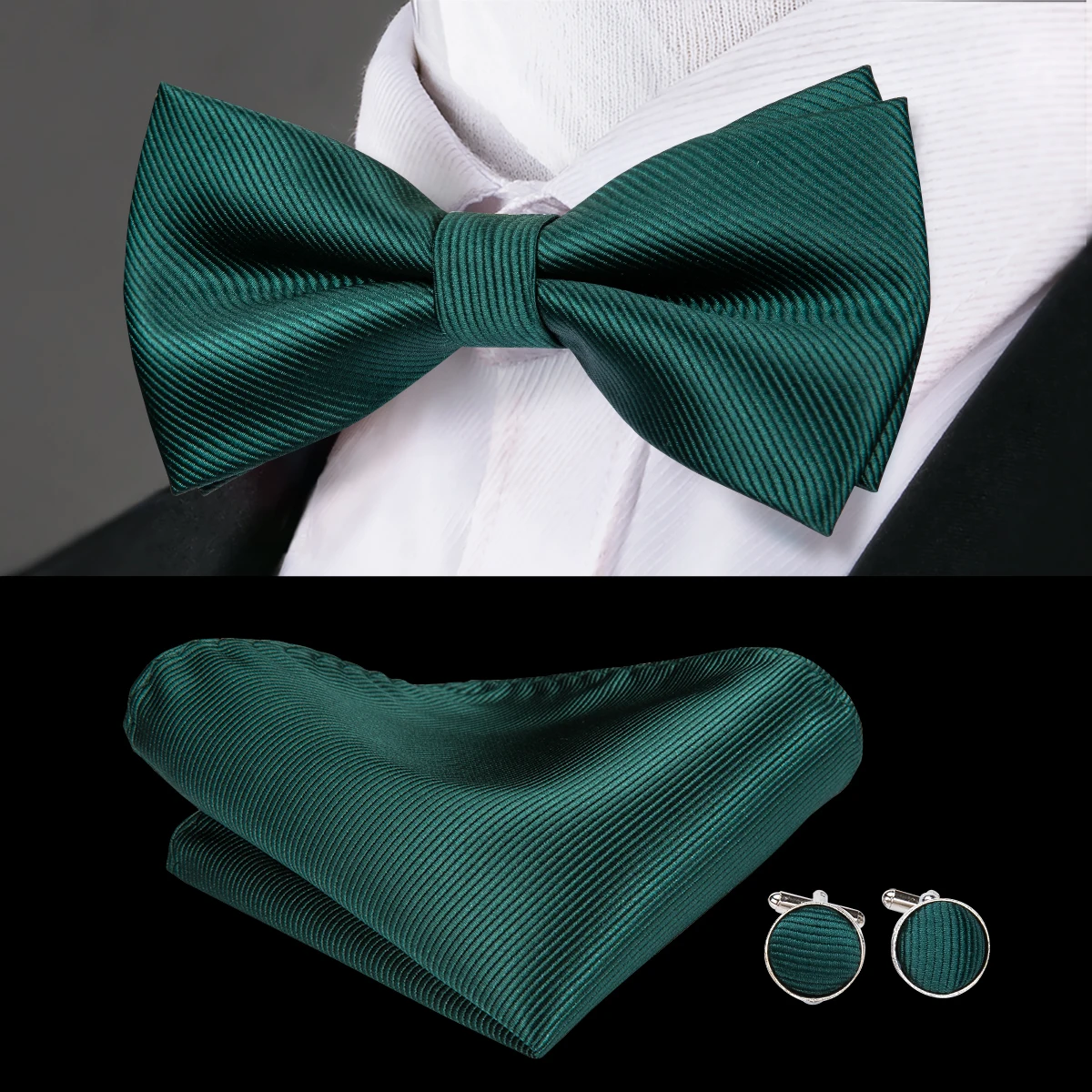 Hi-Tie Christmas Green Bow Ties for Men Silk Butterfly Tie Bow Tie Hanky Cufflinks Set Wedding Party Paisley Plaid Solid Bowtie Neck Tie