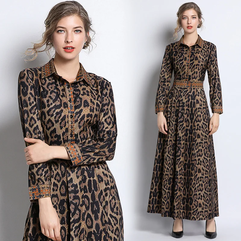 

2019 Spring New Style Europe And America Waist Hugging Slim Fit Slimming Positioning Printed Leopord Pattern Fold-down Collar Dr