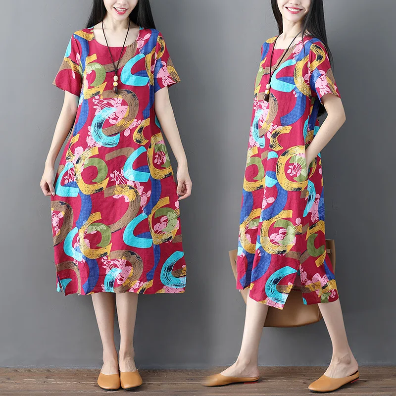 

Floral Printed Dress Women's 2020 Spring Summer WOMEN'S Dress New Style Ethnic-Style Loose-Fit Slimming Mid-length Skirt Fashion