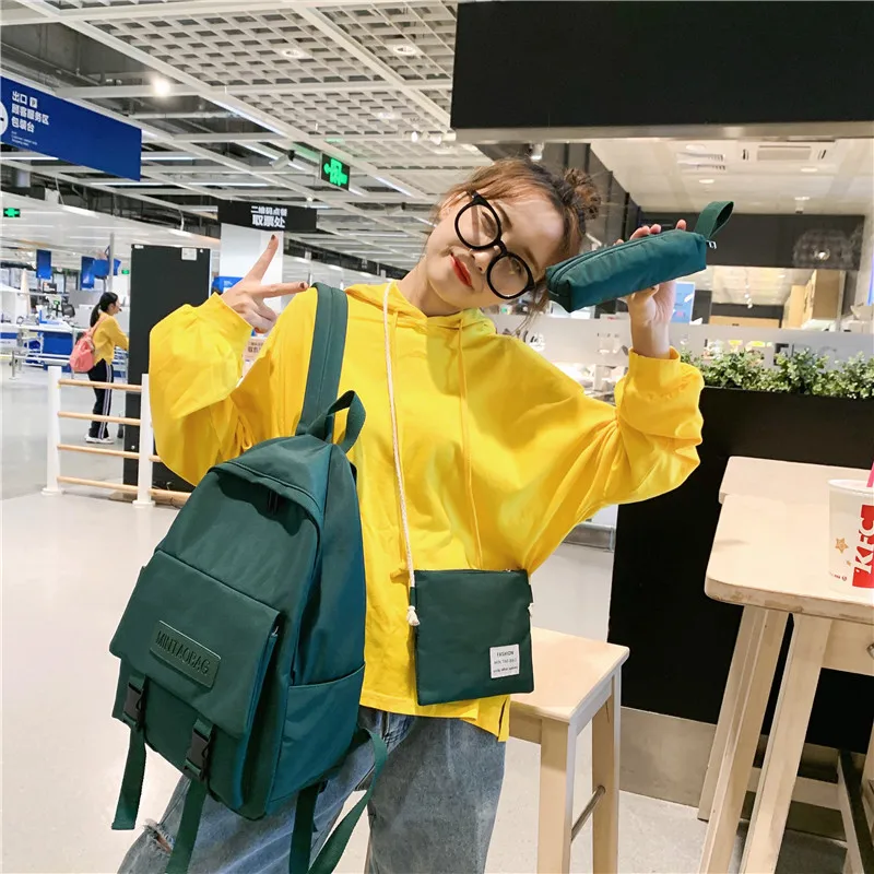 Schoolbags Women Backpack Teenager Mochilas Girl Fashion Solid for Casual 3set-Piece