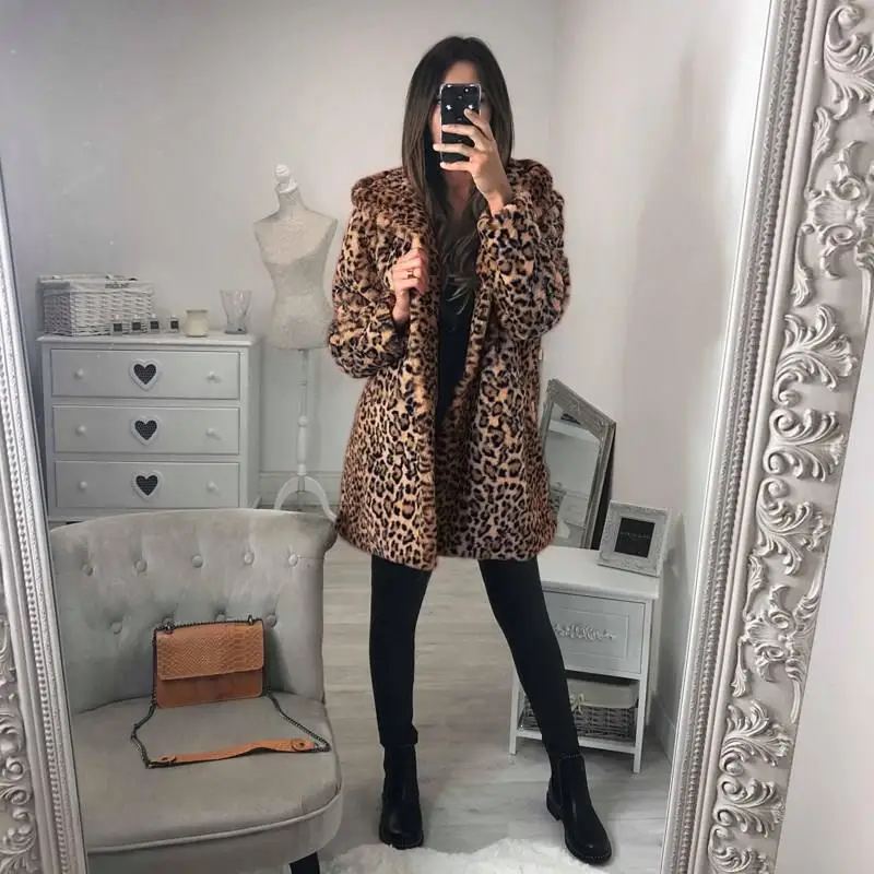 

Hot Womens Winter Leopard Fluffy Fleece Jacket Coat Pockets Leopard Print Plus Size Cardigans Hooded Jumper Clubwear