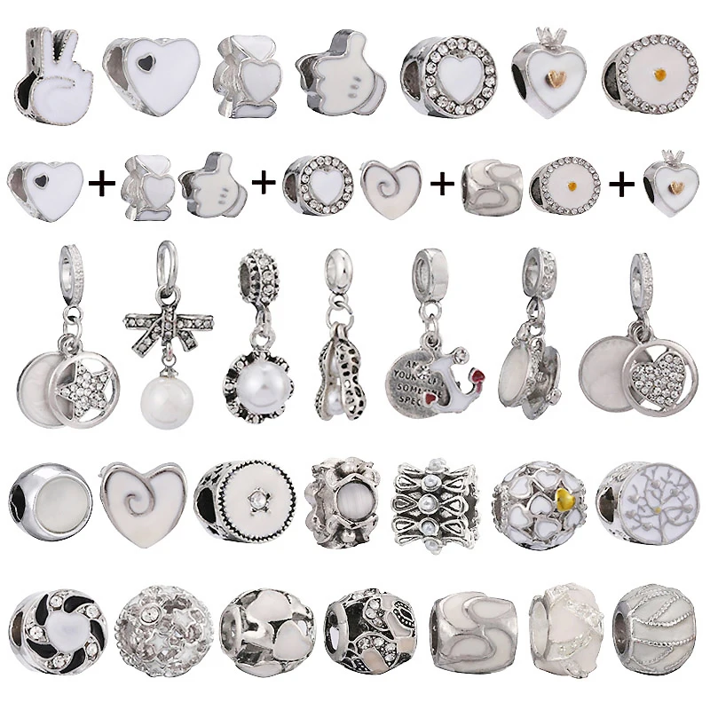 

2Pcs/Lot Hot Sale White Enamel Star Charm Beads Fit Silver Color Snake Chain Heart Charm Bracelet For Women Brand Jewelry Gift