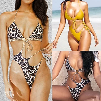 

2020 New European And American Top Choice Swimwear Women's One Piece Swimwear Sexy Bikini Leopard Print Solid Swimwear Swimwear