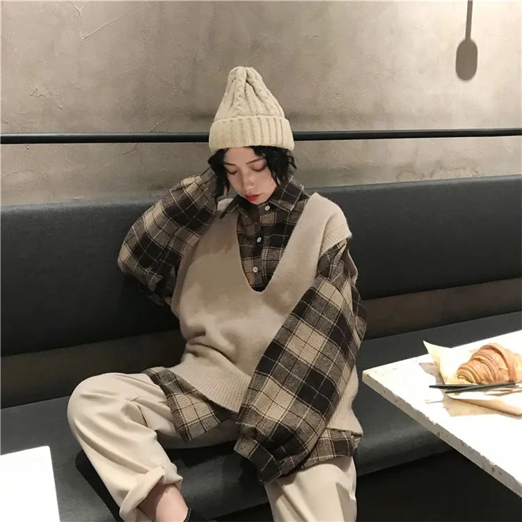 Harajuku Stylw шикарный Однотонный свитер жилет для колледжа для женщин на улице осень/зима ветер v-образным вырезом жилет клетчатая рубашка куртка